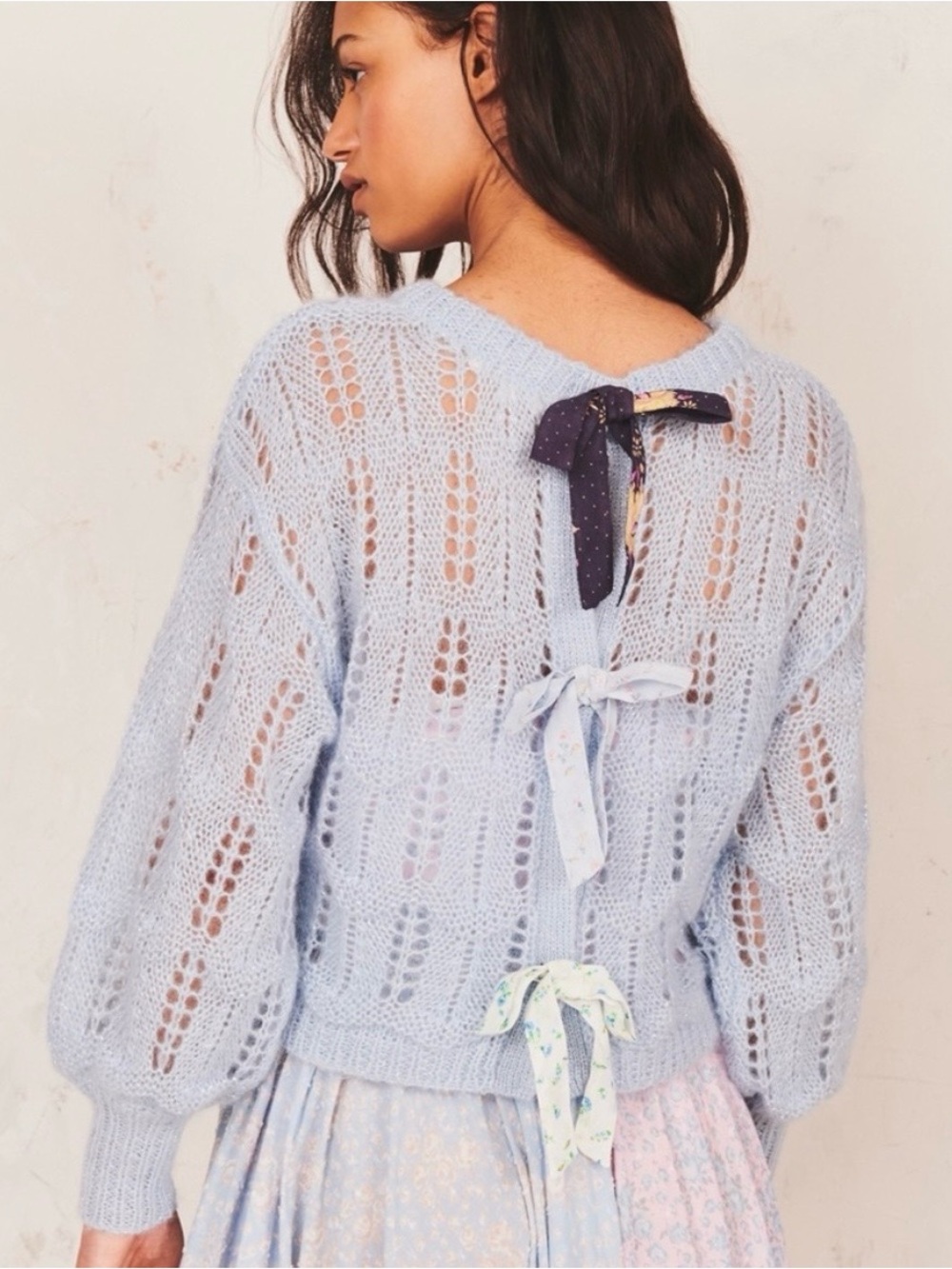 Loveshackfancy Eugenia Wool and Mohair Blend Blue Pointelle Pullover Sweater